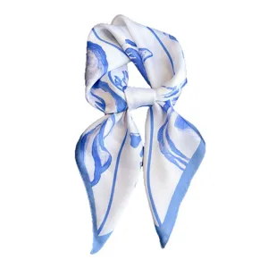 Women elegant blue white printed silk square scarf neckerchief seaside vacation accessory