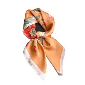 Fashion floral print silk square scarf for women, elegant orange neck scarf and wrap.