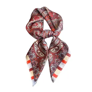 Vintage paisley silk scarf women elegant red square neckerchief stylish hair scarf band.