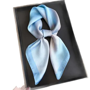 Blue gradient square silk scarf for women, elegant neckerchief for stylish daily wear.