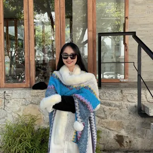 Ethnic style knitted shawl with plush fur collar and pom poms for women, warm winter cape.