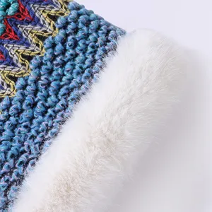 Primer plano de capa de invierno con patron geometrico color y ribete de pelo blanco.