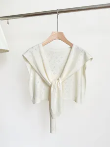 White hollow knit crochet shawl detail, lightweight layering cardigan accessory for women.