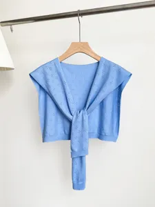 Light blue hollow knitted shawl for women, floral pattern spring summer layering cardigan outerwear.