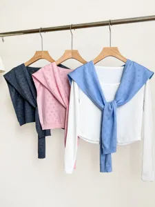 Korean style hollow knit shawl set for women, breathable thin layered outerwear top.
