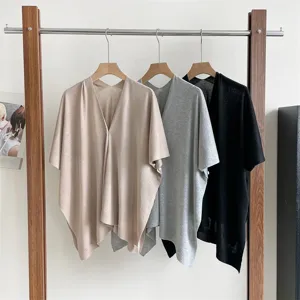 Women summer knitted sunscreen shawl cardigan cape, elegant V-neck button design for dress.