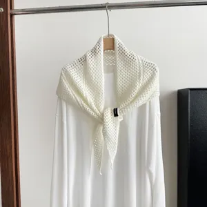 White knitted hollow out triangle shawl scarf women minimalist solid color shrug outerwear