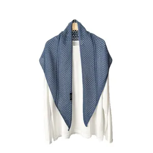 Blue wool-blend triangular knitted shawl minimalist hollow design stylish scarf for women outer wear
