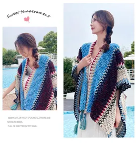 Ethnic style knitted shawl detail, colorful tassel design, perfect for travel vacation wear.