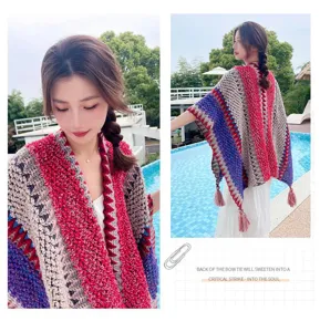Ethnic style knitted poncho for women, colorful geometric pattern tassel shawl for travel vacation.