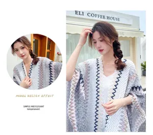 Ethnic style knitted shawl cape for travel vacation vintage wave pattern comfortable outerwear