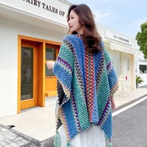 Women Ethnic Style Knitted Shawl Cape Vintage Geometric Wave Pattern Fringe Poncho Travel Outerwear Winter Warm Cloak