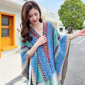 Ethnic style knitted poncho for women, colorful boho cape outer wear, perfect for travel trips.