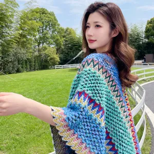 Ethnic style knitted poncho cape for travel outdoor photo shoot colorful bohemian outerwear