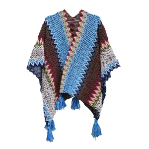 Ethnic style knitted poncho fringe cape winter warm geometric patterned shawl outerwear