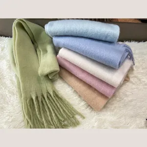 Cozy macaron color mohair winter scarf, thick warm solid color design with stylish tassels.