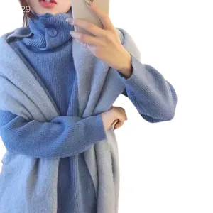 Cozy blue mohair large scarf and turtleneck sweater set, warm and thick for winter.