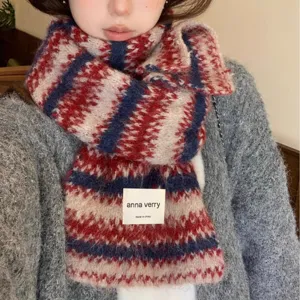 Winter Warm Wool Blend Knitted Scarf Fair Isle Retro Striped Long Scarf For Women Men Couple Cold Weather