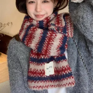 Fair Isle wool blend knitted scarf for women, cozy winter striped cold-weather warm accessory