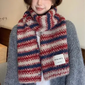 Cozy Fair Isle knit scarf for women, soft wool-blend winter warm striped scarf design.