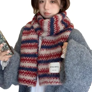 Fair Isle knit scarf winter warm wool blend cozy red white blue striped scarf for women