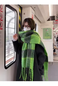 Green plaid winter scarf for women, thick cozy warm fuzzy oversized tartan neck wrap scarf.