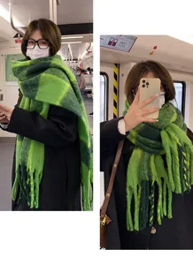 Green plaid fluffy winter scarf for women, cozy thick warm tassel neck warmer.