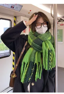 Green plaid thick fuzzy winter scarf for women, cozy warm fringed tassel neck warmer.