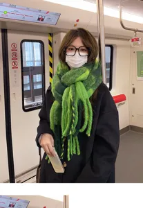 Green fuzzy plaid scarf for women, winter thick warm cozy long fringe winter neck warmer.