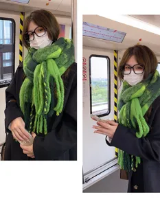 Green plaid plush scarf for women, thick winter warm cozy winter fashion accessory.