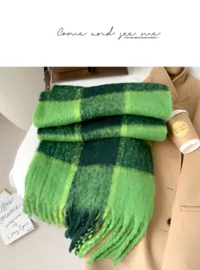Cozy green plaid scarf for women, thick warm winter tassel neck scarf, soft casual outfit match.