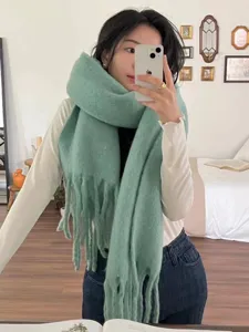 Women thick mohair winter scarf cozy mint green knitted tassel warm fashion neck wrap accessory