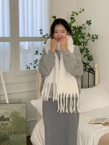 Cozy white mohair fringed scarf for women, soft winter warm knitted winter neck wrap.
