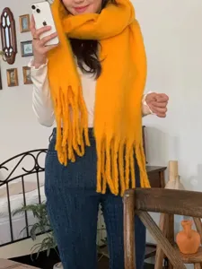 Women's thick mohair winter scarf bright yellow tassel knitted cozy warm fashion neck warmer