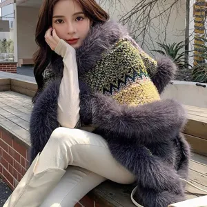 Mujer Invierno Estilo Ins Bloque de Color Capa Chal Espesado Cálido Moda Abrigo Envolvente Con Cuello de Piel Sintética