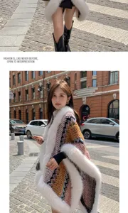 Ethnic loose color block irregular cape shawl with faux fox fur collar for women coat detail.
