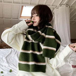 Korean style striped knitted winter scarf for women, thick warm woolen neck warmer.