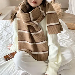 Korean style brown striped knitted winter scarf for women, thick warm couple cozy neck wrap.