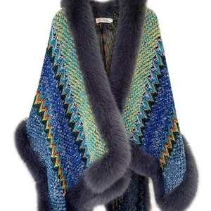 Mujer invierno cálido capa de punto con cuello de piel sintética patrón geométrico elegante