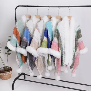 Women Ethnic Style Faux Fur Collar Pom Pom Trimmed Geometric Jacquard Polyester Knit Cape Shawl Winter Warm Outerwear