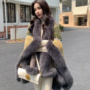 Oversized Color Block Irregular Cape Shawl Women Satin Faux Fox Fur Collar Winter Warm Poncho Cloak Scarf