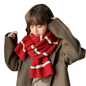 Winter warm knitted striped scarf for women, thick cozy woolen neck warmer, red green.