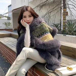 Ethnic style loose plus size color-blocked irregular cape shawl women faux fox fur coat.