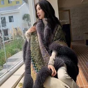 Ethnic style loose colorblock irregular cloak shawl with faux fox fur collar for women main view
