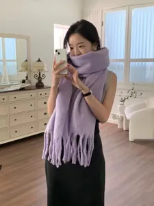 Thick mohair winter scarf for women, cozy solid color long neckerchief with stylish fringe details.