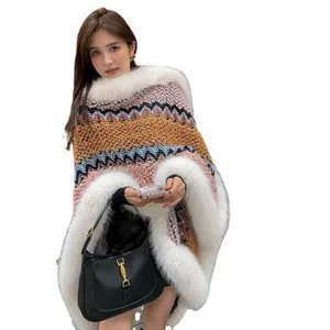 Ethnic colorblock irregular poncho cape with faux fur collar for women stylish winter wear