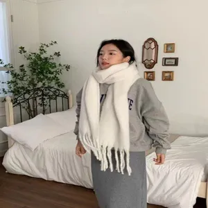 Cozy winter thick mohair scarf for women, soft knitted solid color warm tassel neck scarf detail.