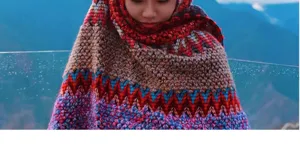 Ethnic style colorful knitted shawl cloak, warm geometric patterned winter wrap for women.