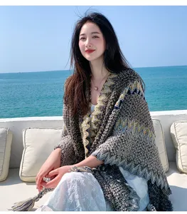 Ethnic style knit women shawl travel boho blue cloak cape cardigan fashion accessory detail