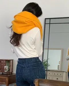 Cozy thick yellow mohair winter scarf for women, stylish solid color warm shawl wrap.